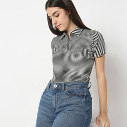 Striped Polo T-Shirt With Mock Neck Zipper