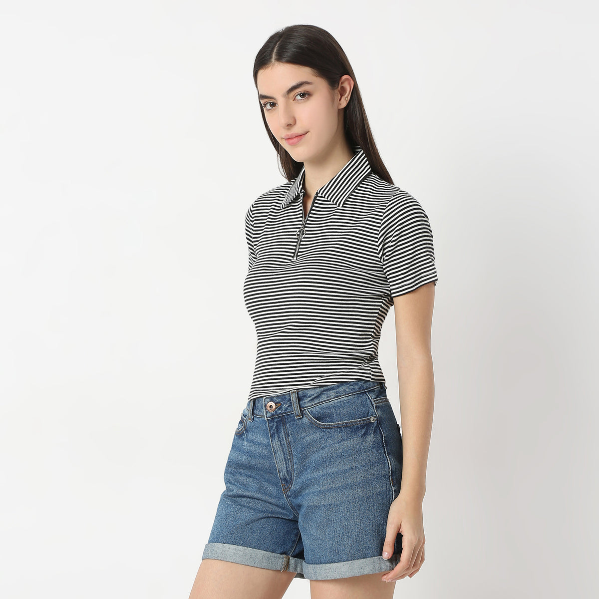 Fitted Striped Polo Neck Betty Partial Zipper Opening T-Shirt