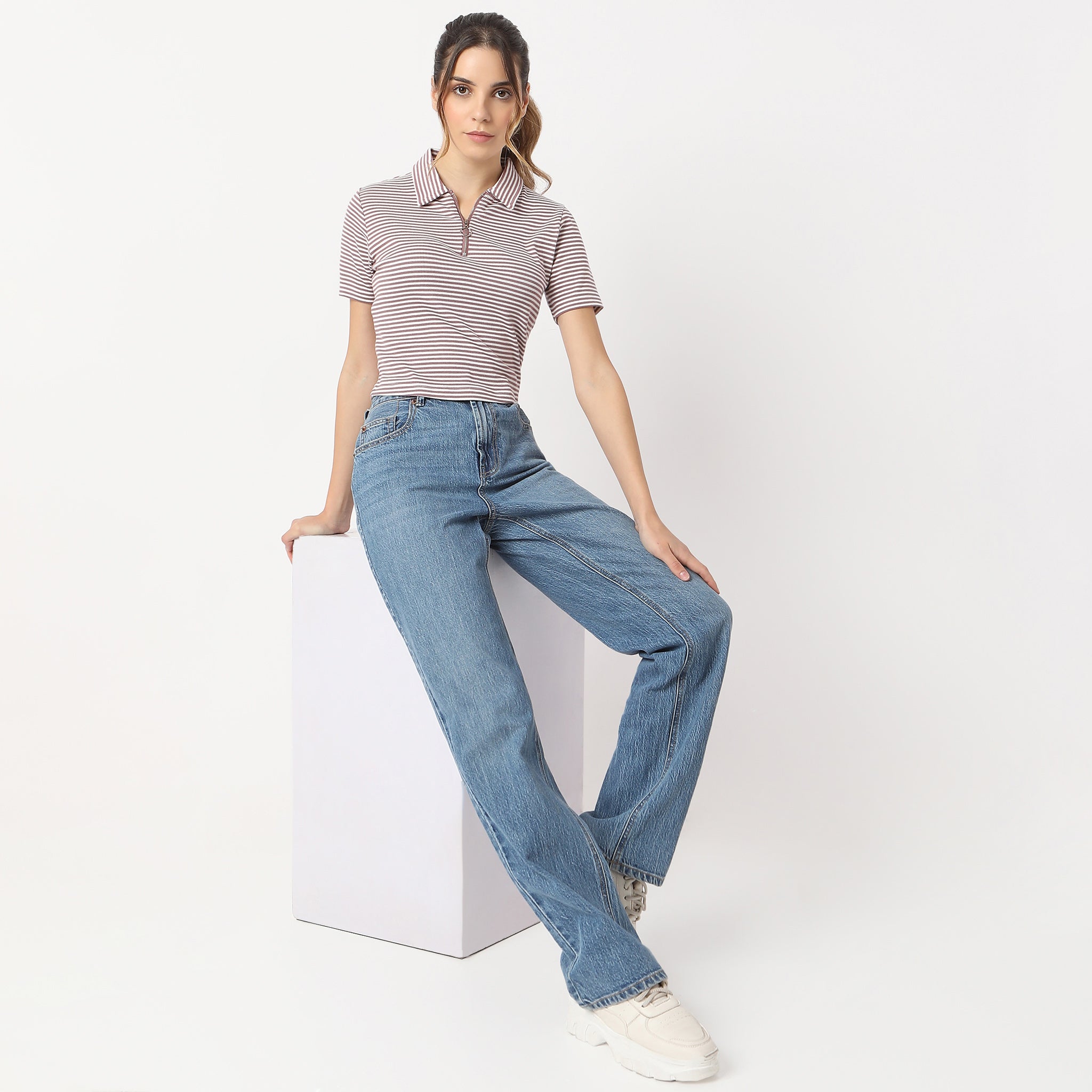 Striped Polo T-Shirt With Mock Neck Zipper