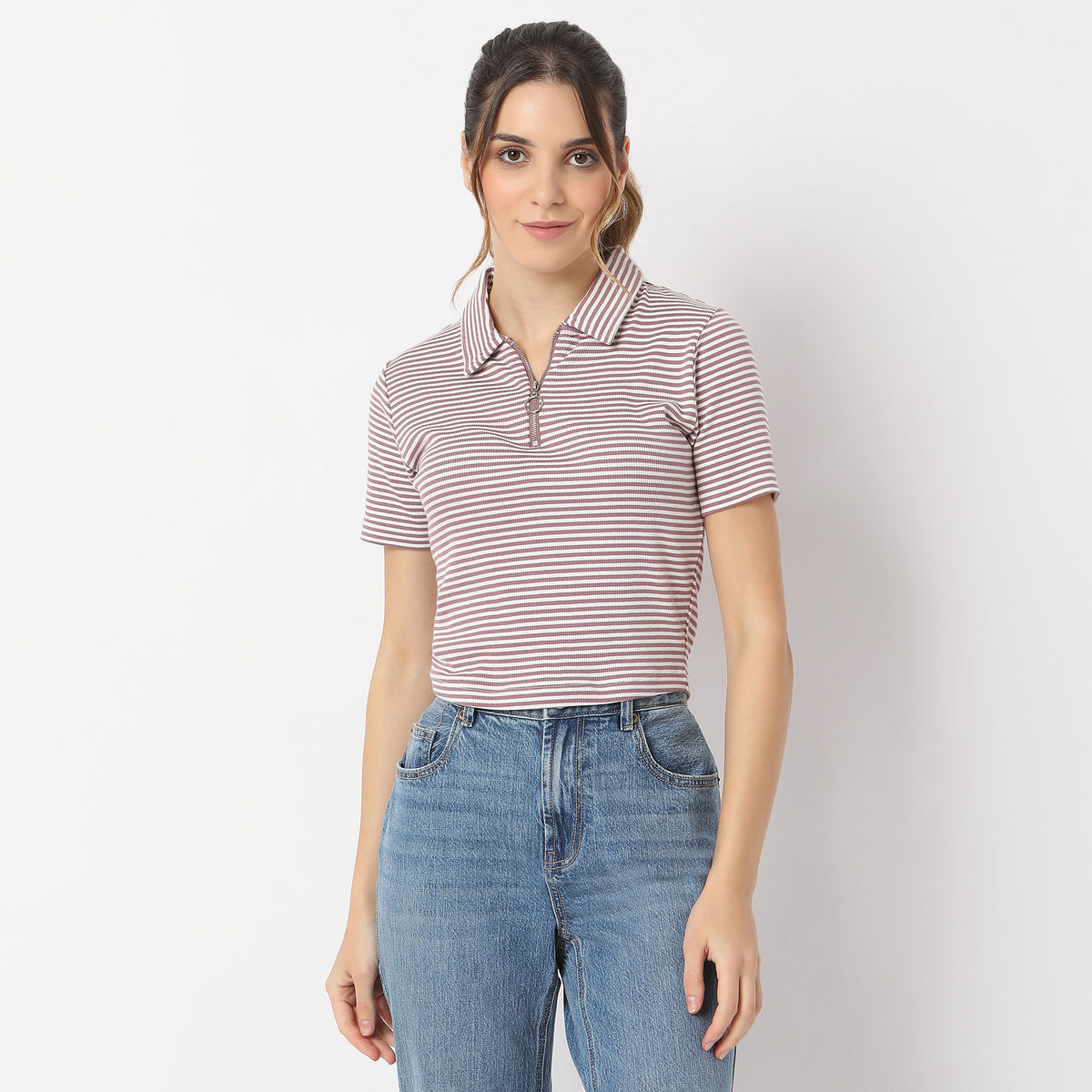 Fitted Striped Polo Neck Betty Partial Zipper Opening T-Shirt