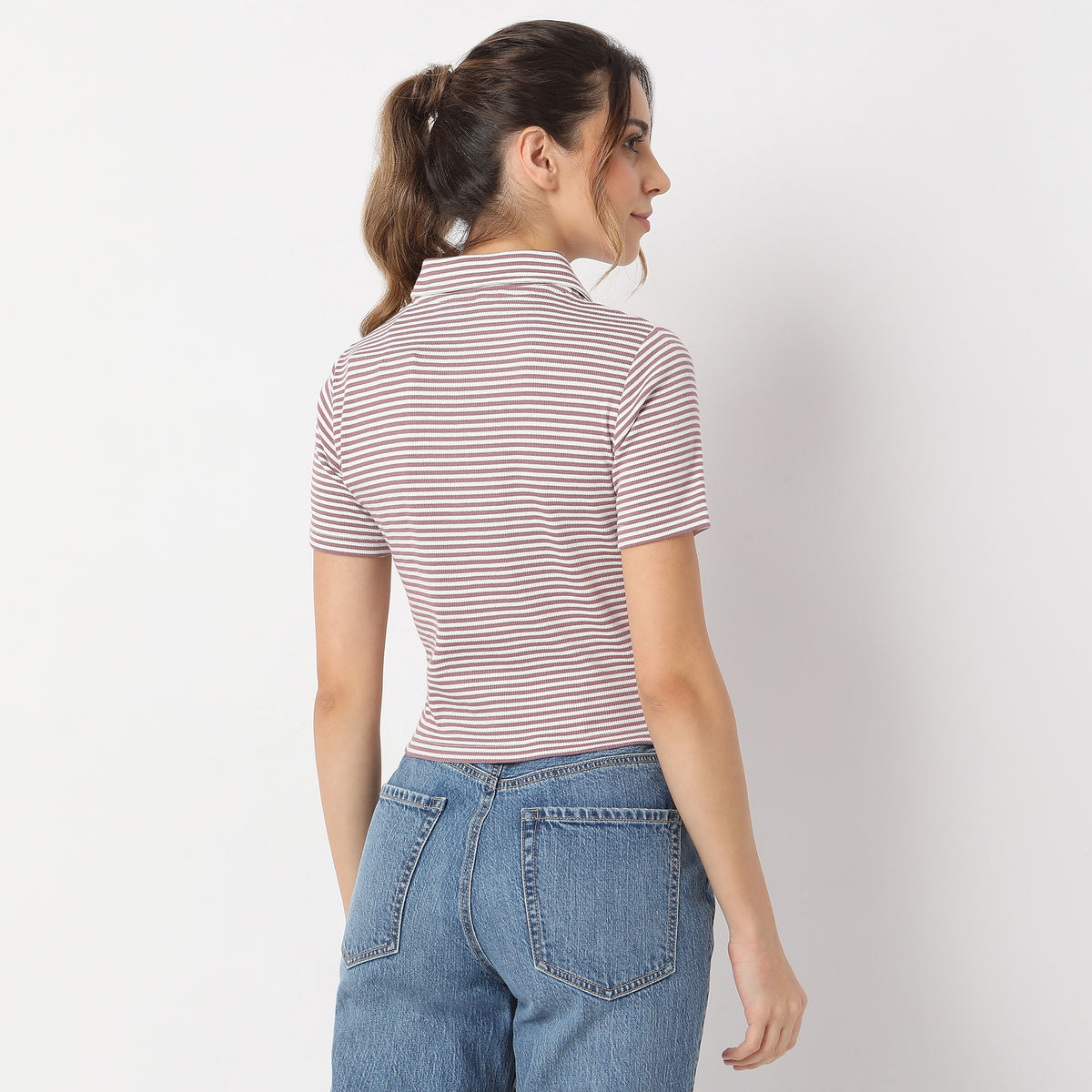 Fitted Striped Polo Neck Betty Partial Zipper Opening T-Shirt