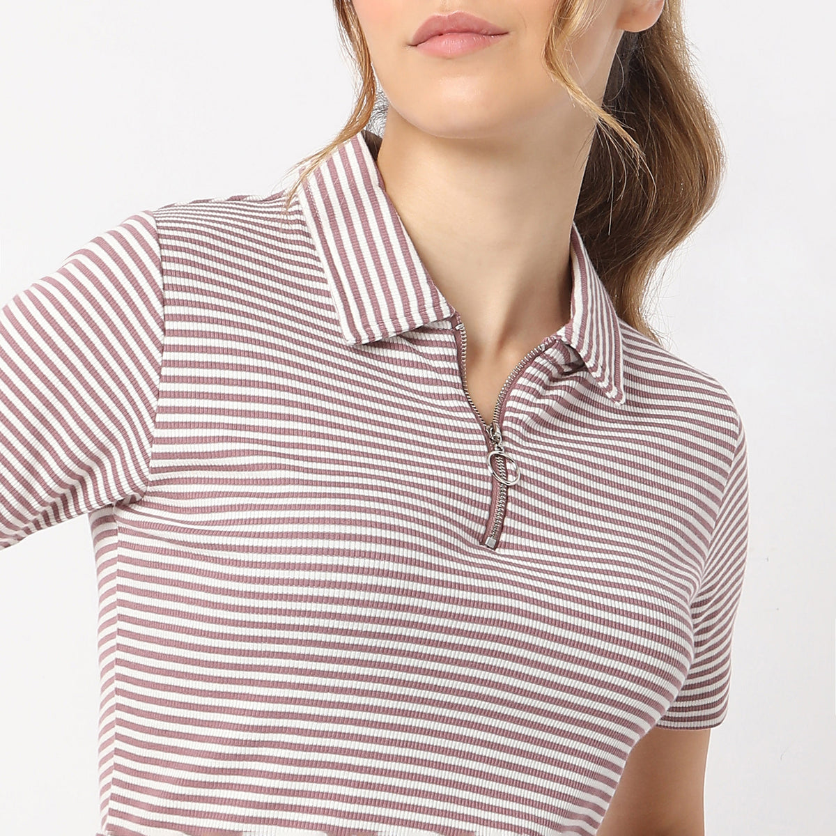 Fitted Striped Polo Neck Betty Partial Zipper Opening T-Shirt