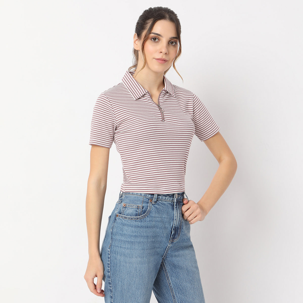 Fitted Striped Polo Neck Betty Partial Zipper Opening T-Shirt