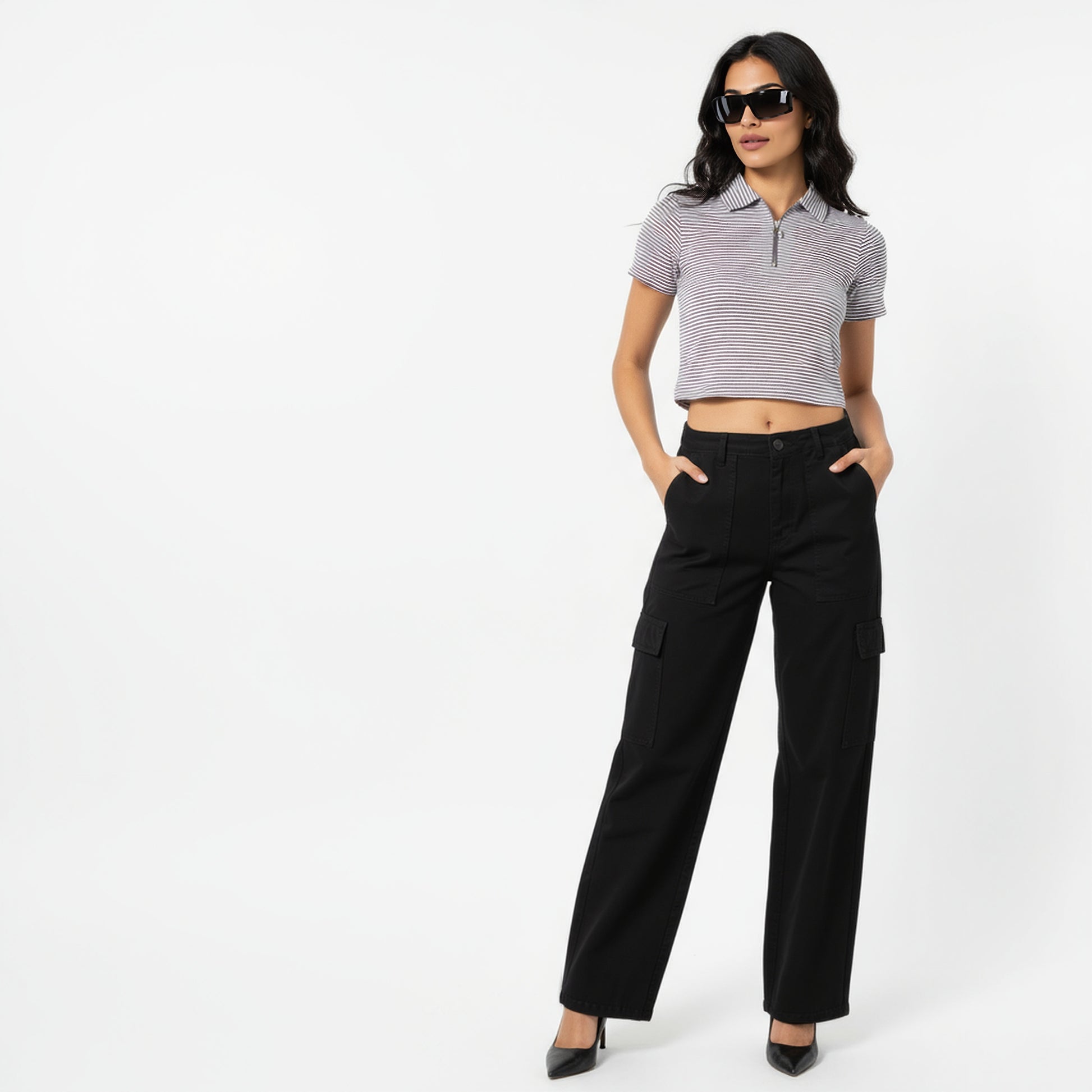 Striped Polo T-Shirt With Mock Neck Zipper