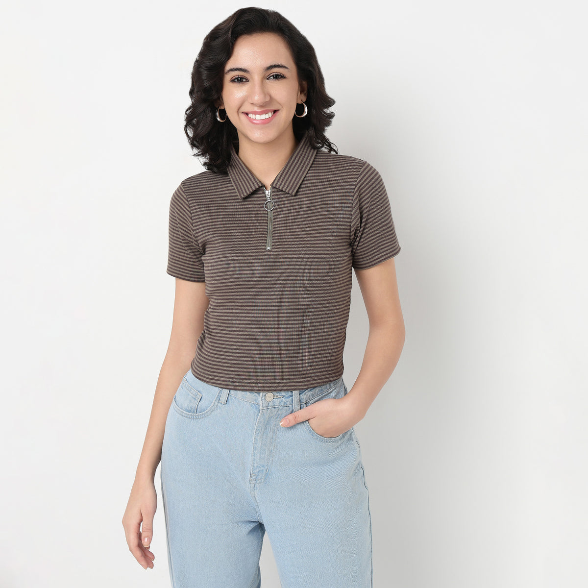 Order Now Women Striped Polo Neck Slim Fit Western Wear Betty Essential Tee by Style Union