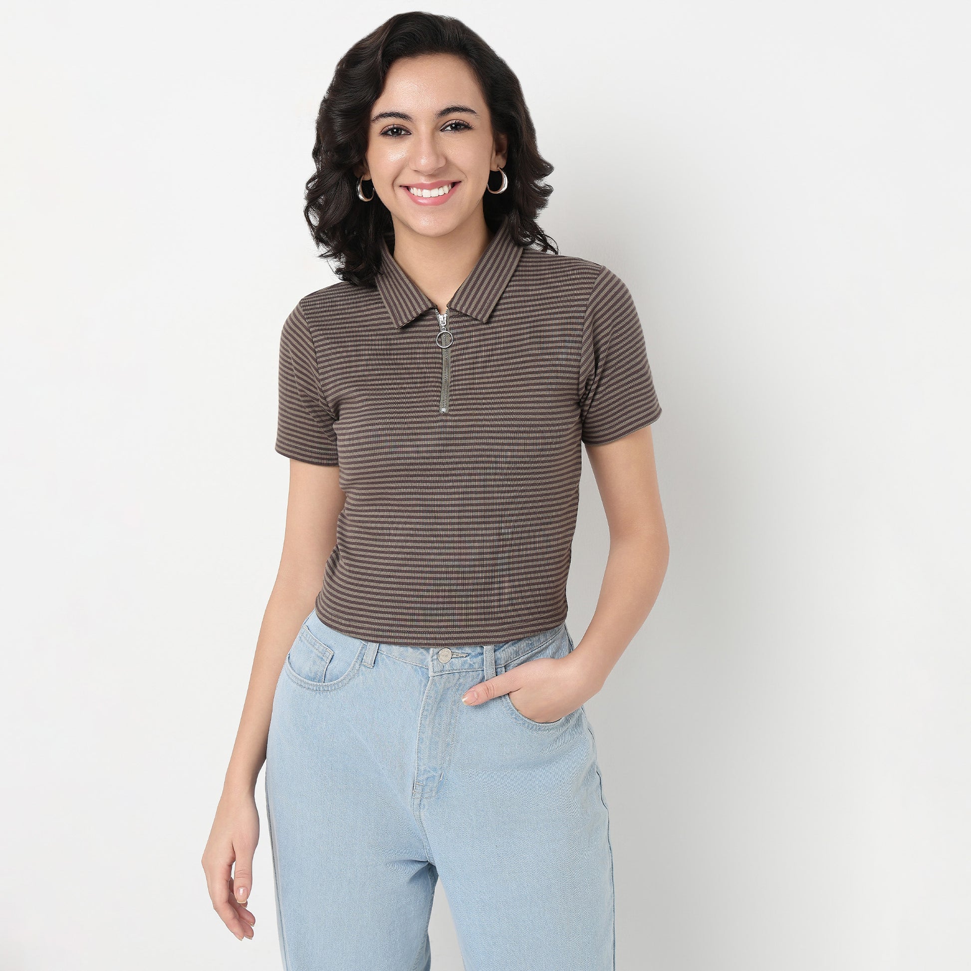 Striped Polo T-Shirt With Mock Neck Zipper