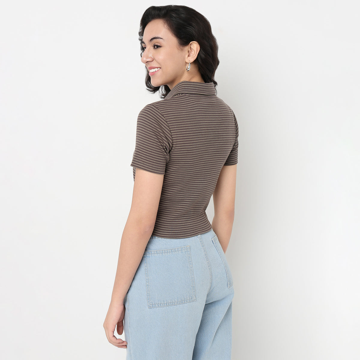Order Now Women Striped Polo Neck Slim Fit Western Wear Betty Essential Tee by Style Union