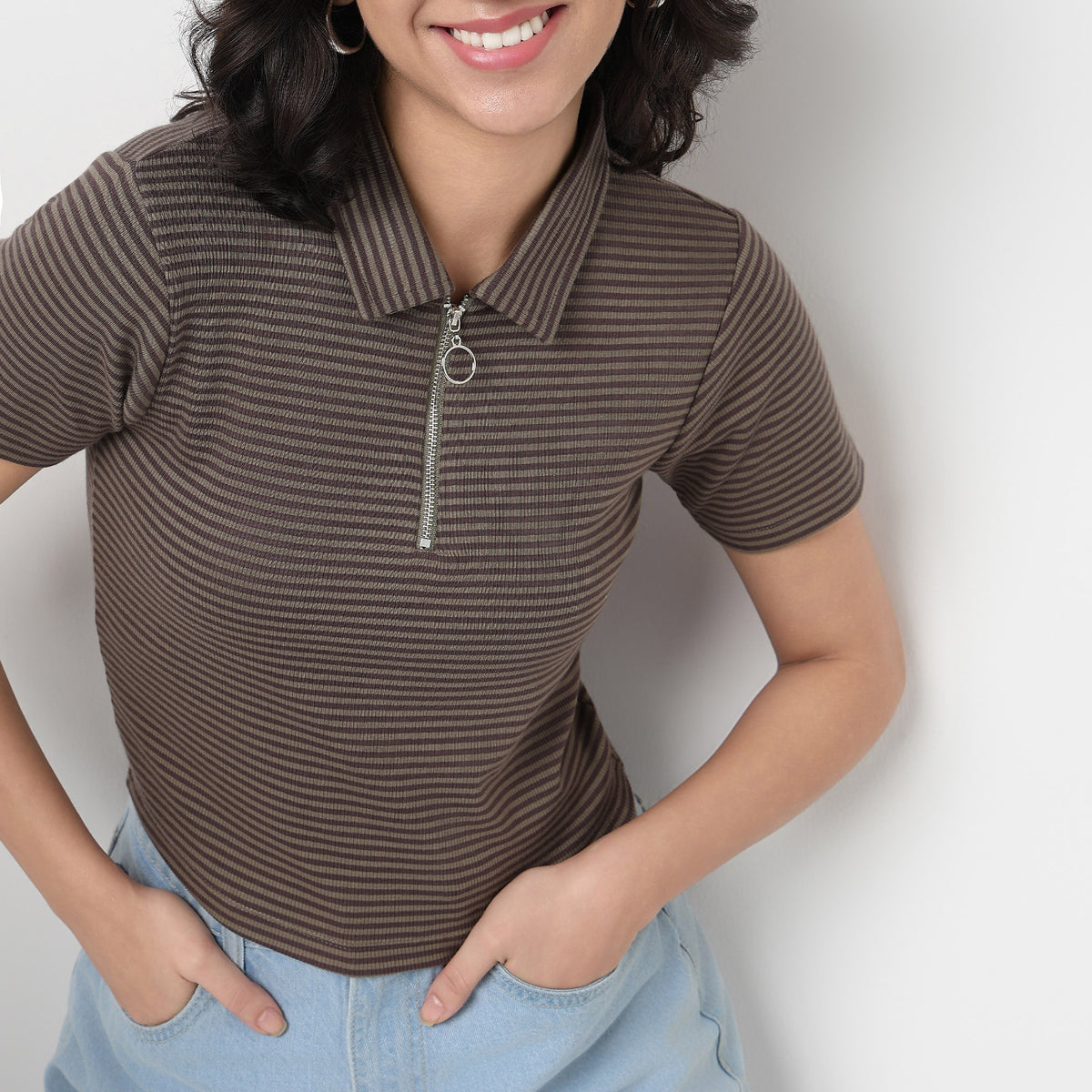 Order Now Women Striped Polo Neck Slim Fit Western Wear Betty Essential Tee by Style Union