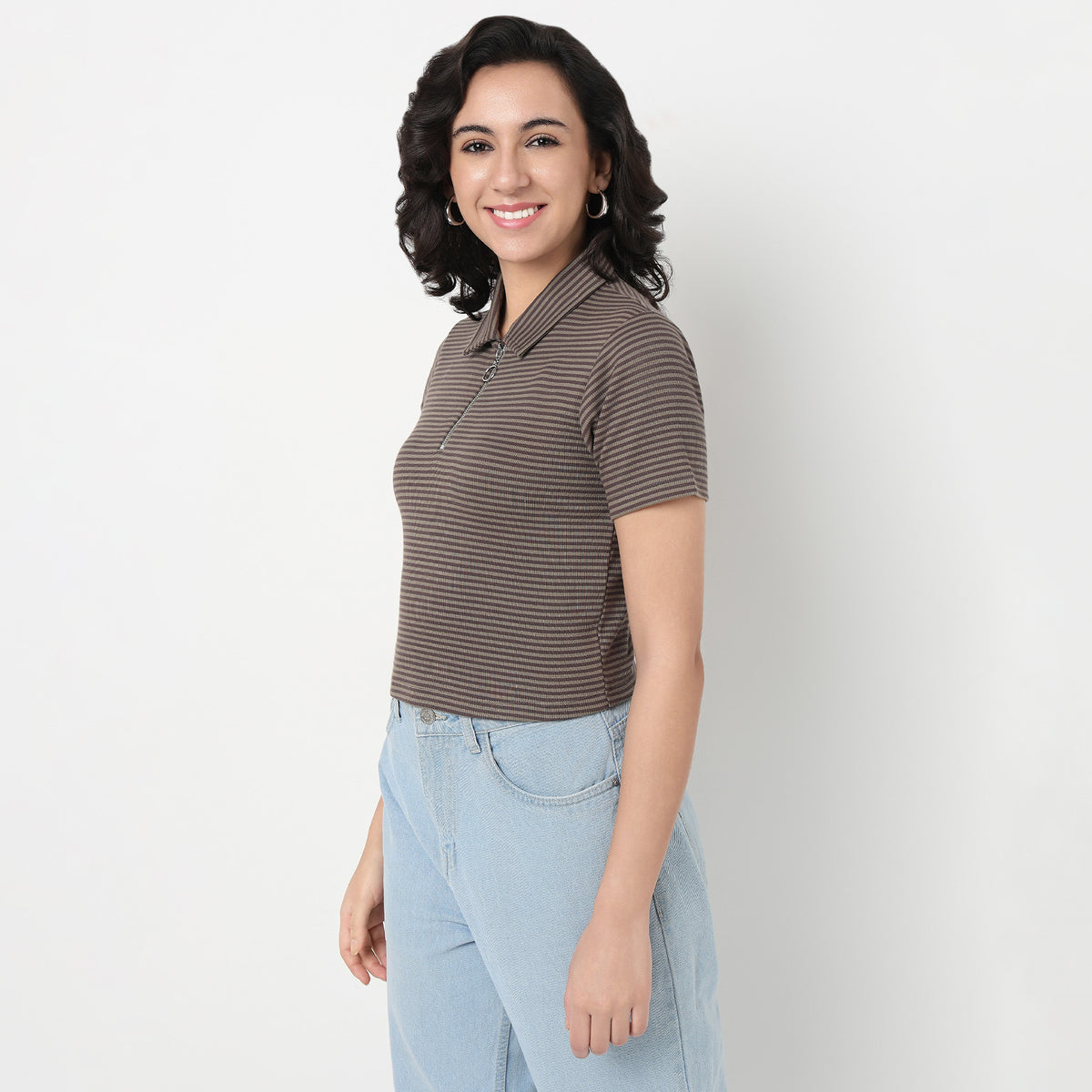 Order Now Women Striped Polo Neck Slim Fit Western Wear Betty Essential Tee by Style Union