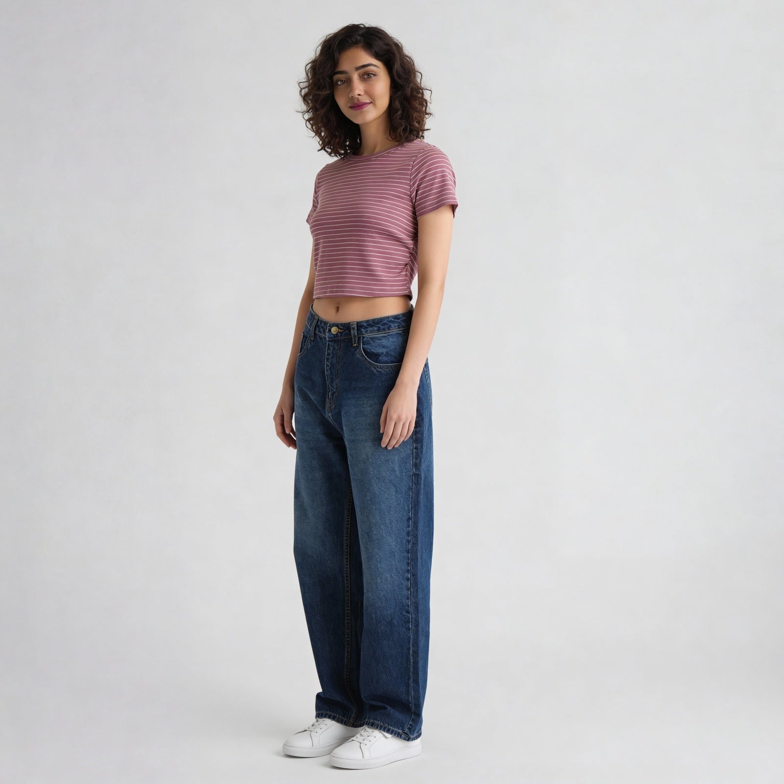 Knitted Striped Slim Fit Crop T-Shirt