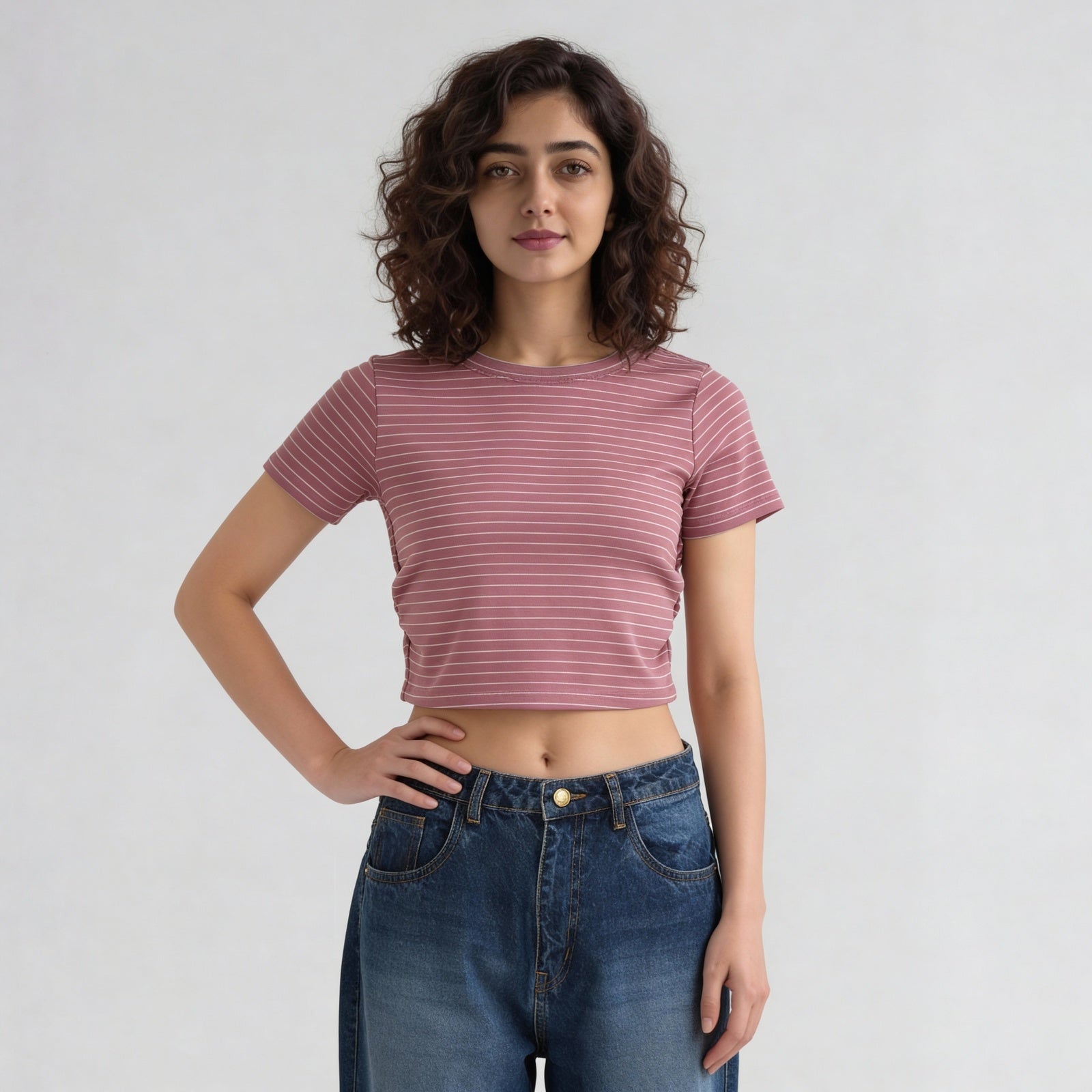 Knitted Striped Slim Fit Crop T-Shirt