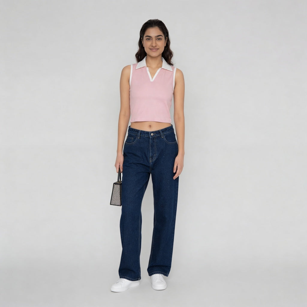 Solid Polo Neck Sleeveless Slim Fit T-Shirt