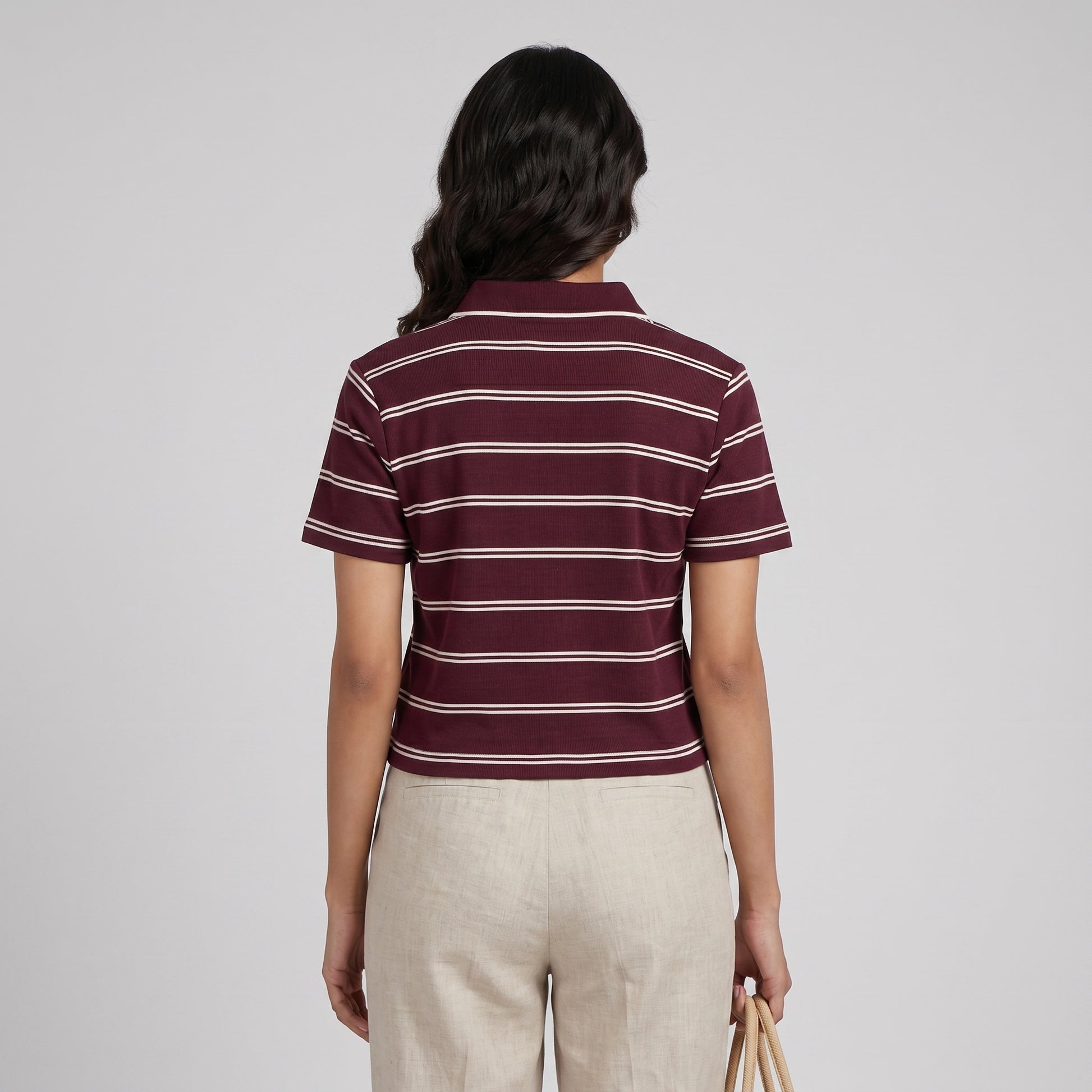 Striped Slim Fit Crop Polo T-Shirt