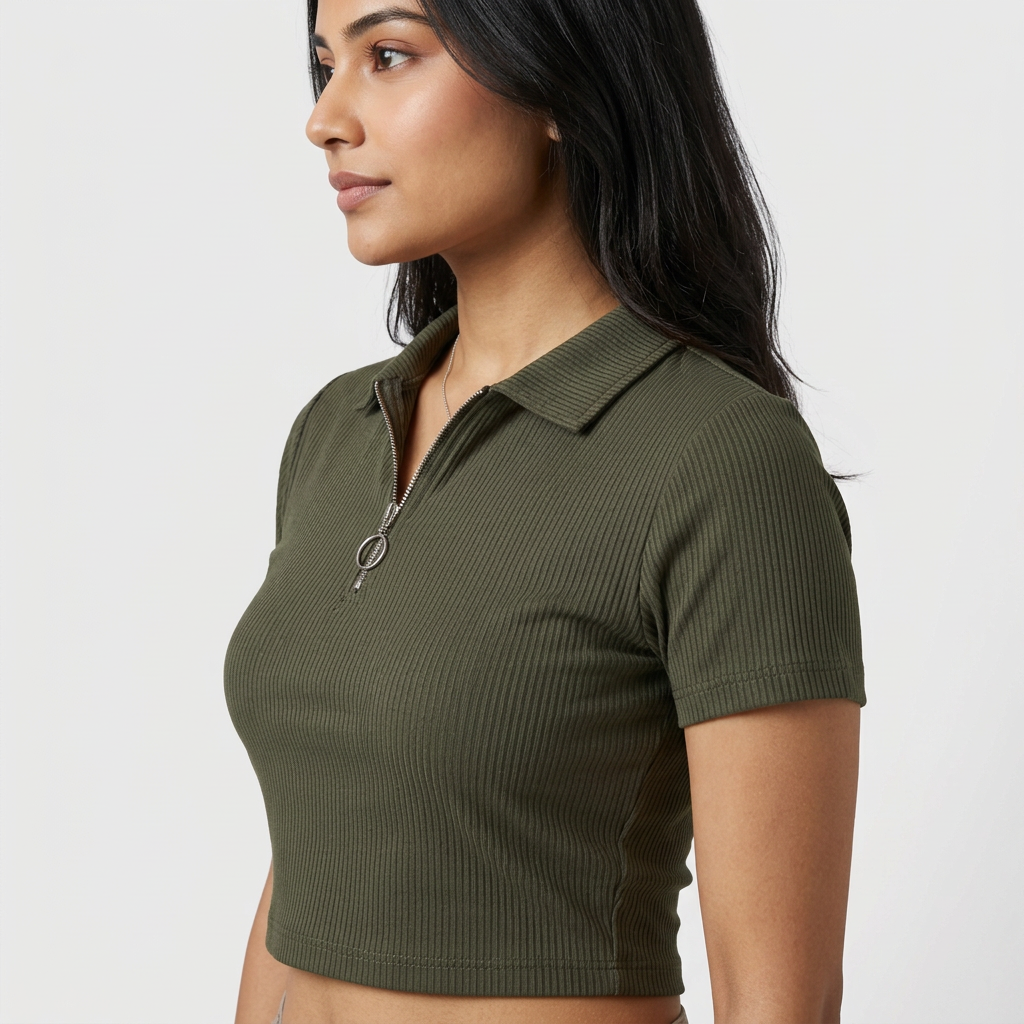 Solid Essential Tee Partial Zipper Opening
