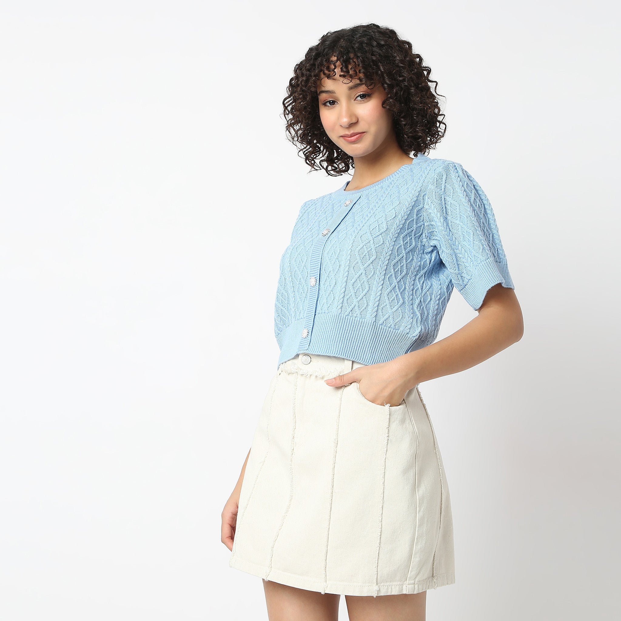 Cable-Knit Texture With Geometric Diamond Cropped Length Top