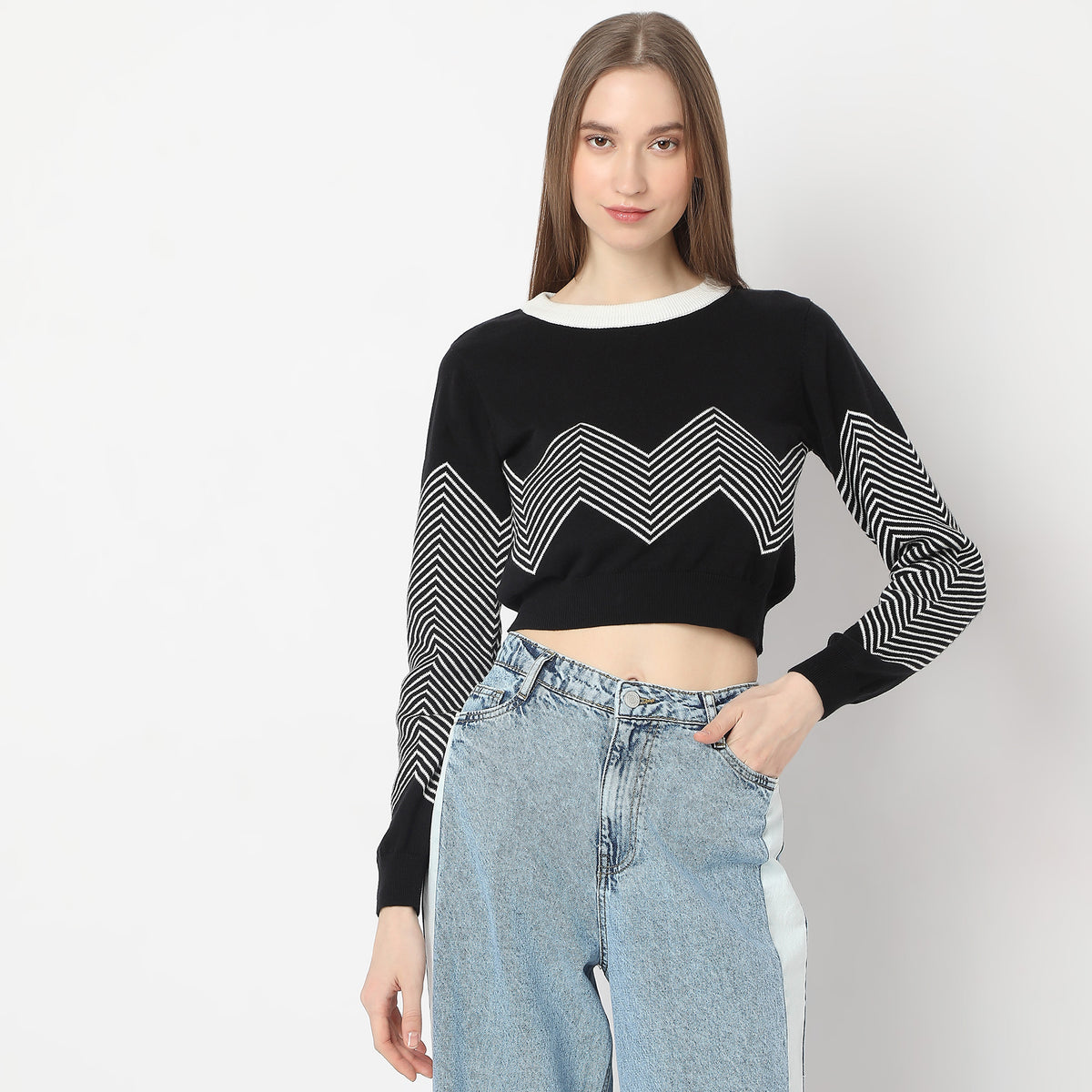 Slim Fit Striped Boat Neck Flat Knits Full Sleeve Crop T-Shirt