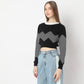 Slim Fit Striped Boat Neck Flat Knits Full Sleeve Crop T-Shirt