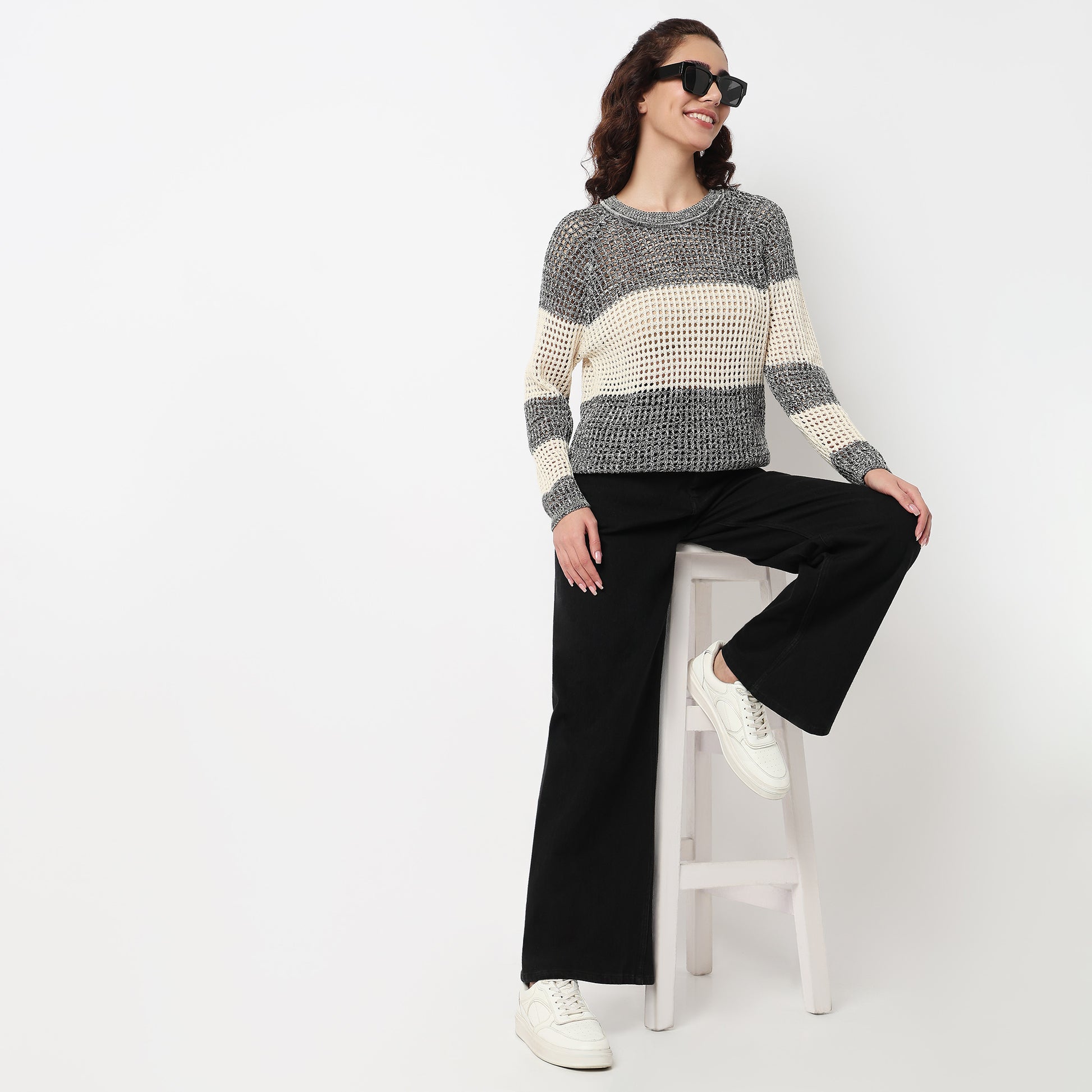 Cotton Striped Flat Knit Sweater