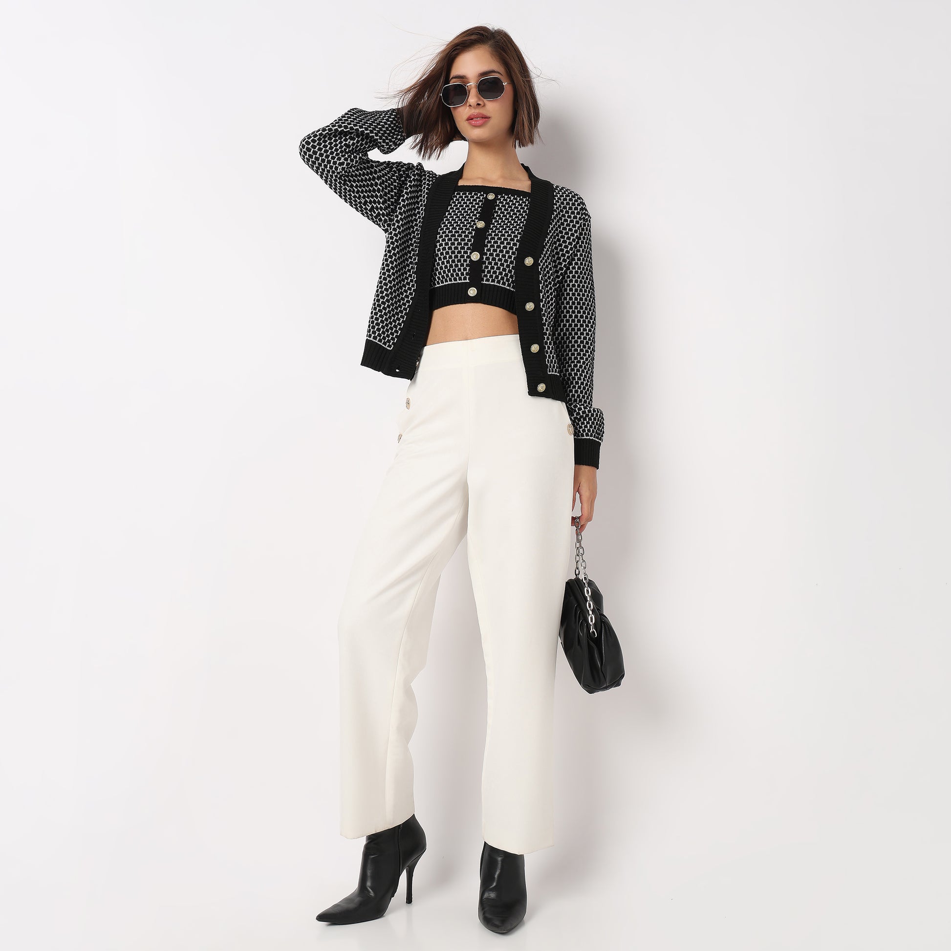 Jacquard V-Neck Top With Jacket