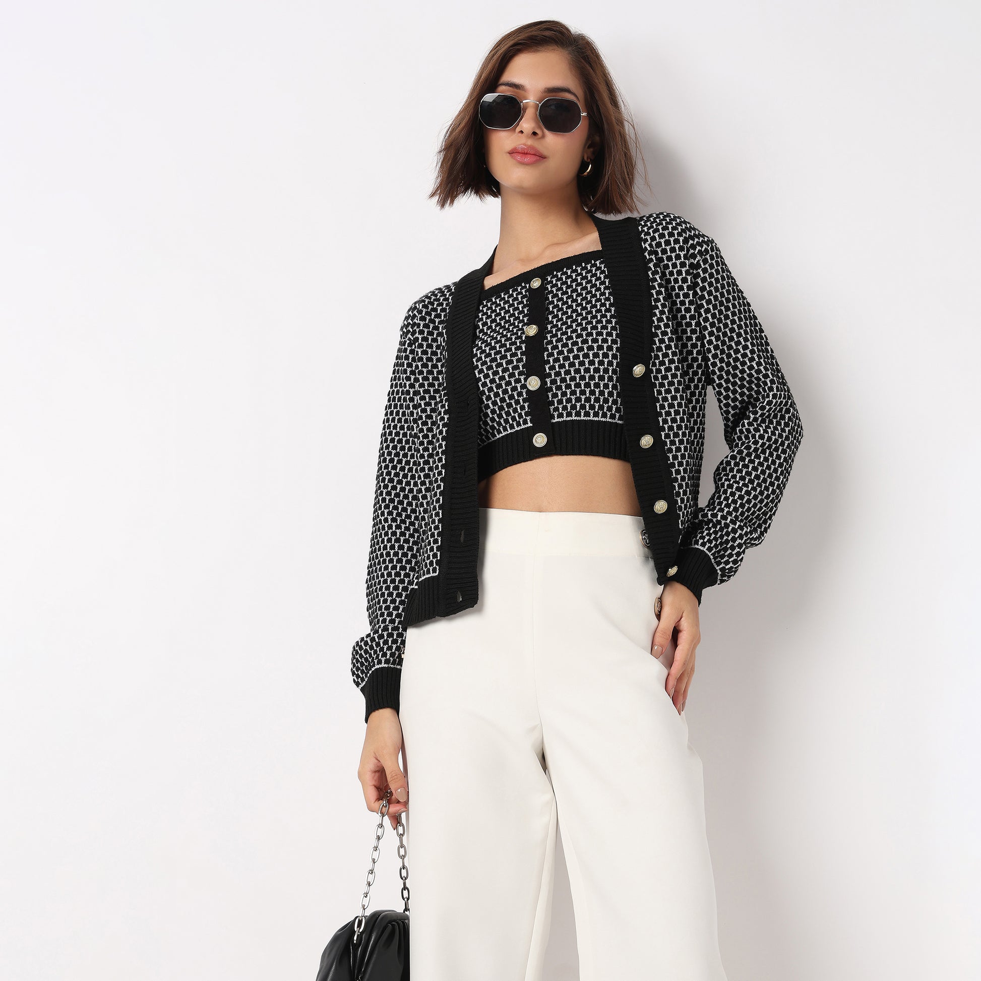 Jacquard V-Neck Top With Jacket