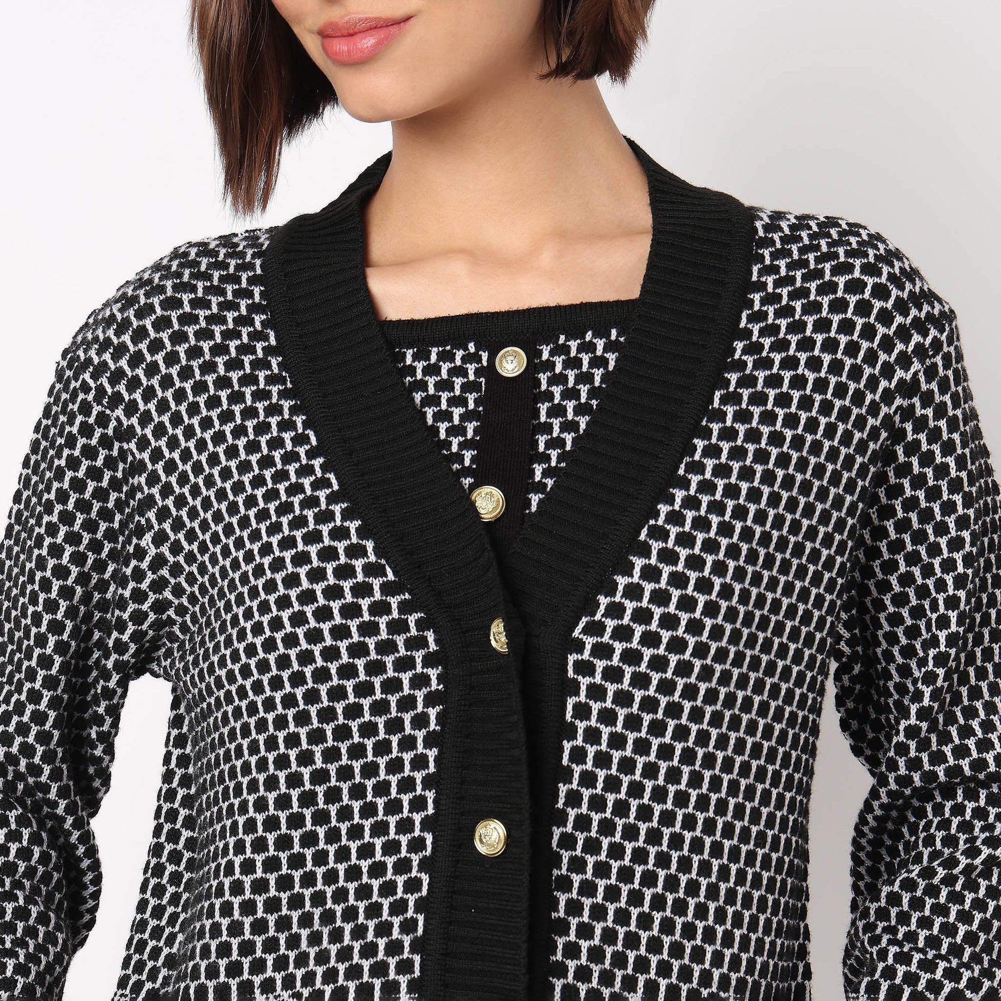 Jacquard V-Neck Top With Jacket