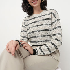 Order Now Women Striped Round Neck Regular Fit Casual Wear Flat Knits by Style Union