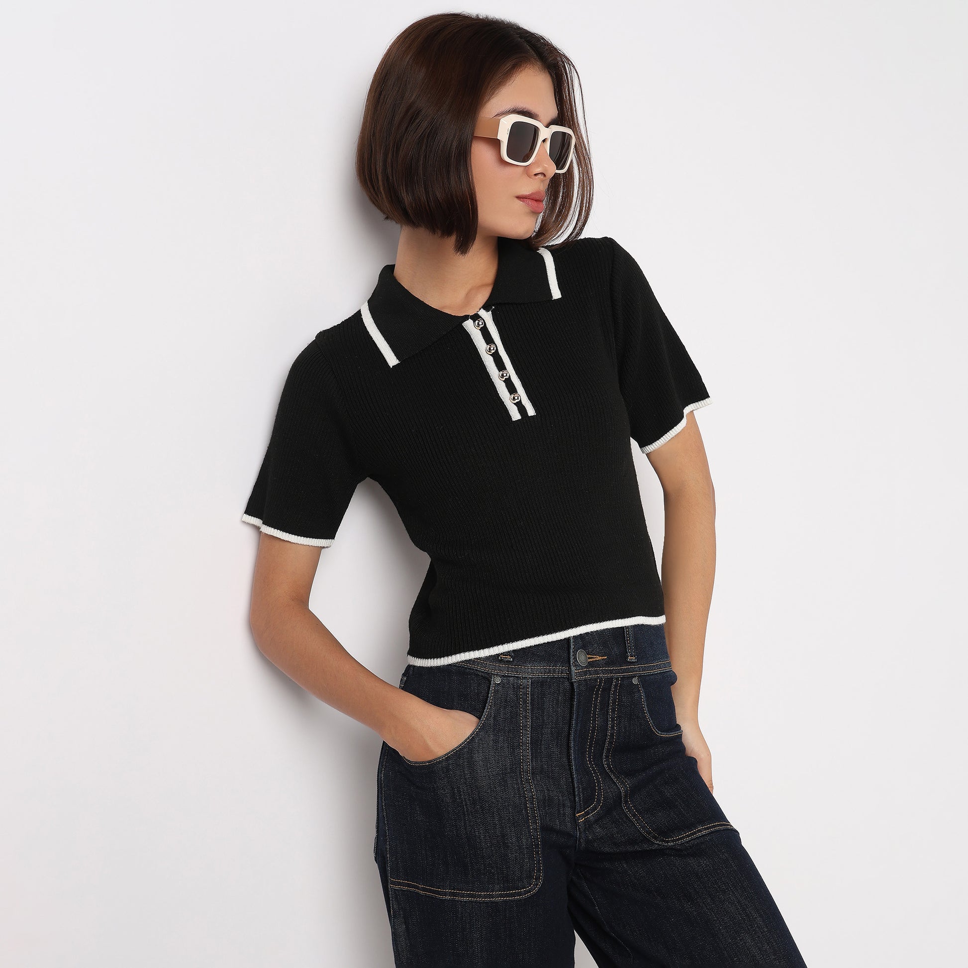 Solid Polo Flat Knit Top