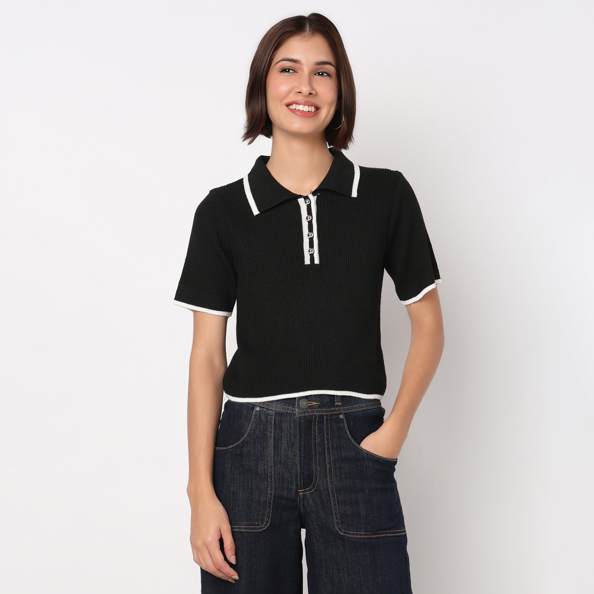 Solid Polo Flat Knit Top