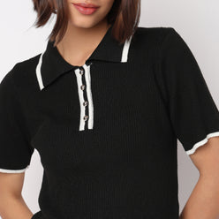 Solid Polo Flat Knit Top