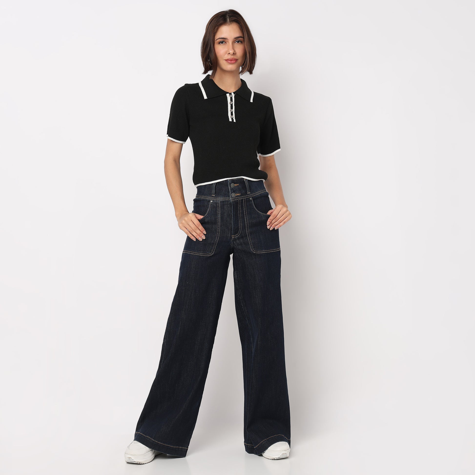 Solid Polo Flat Knit Top