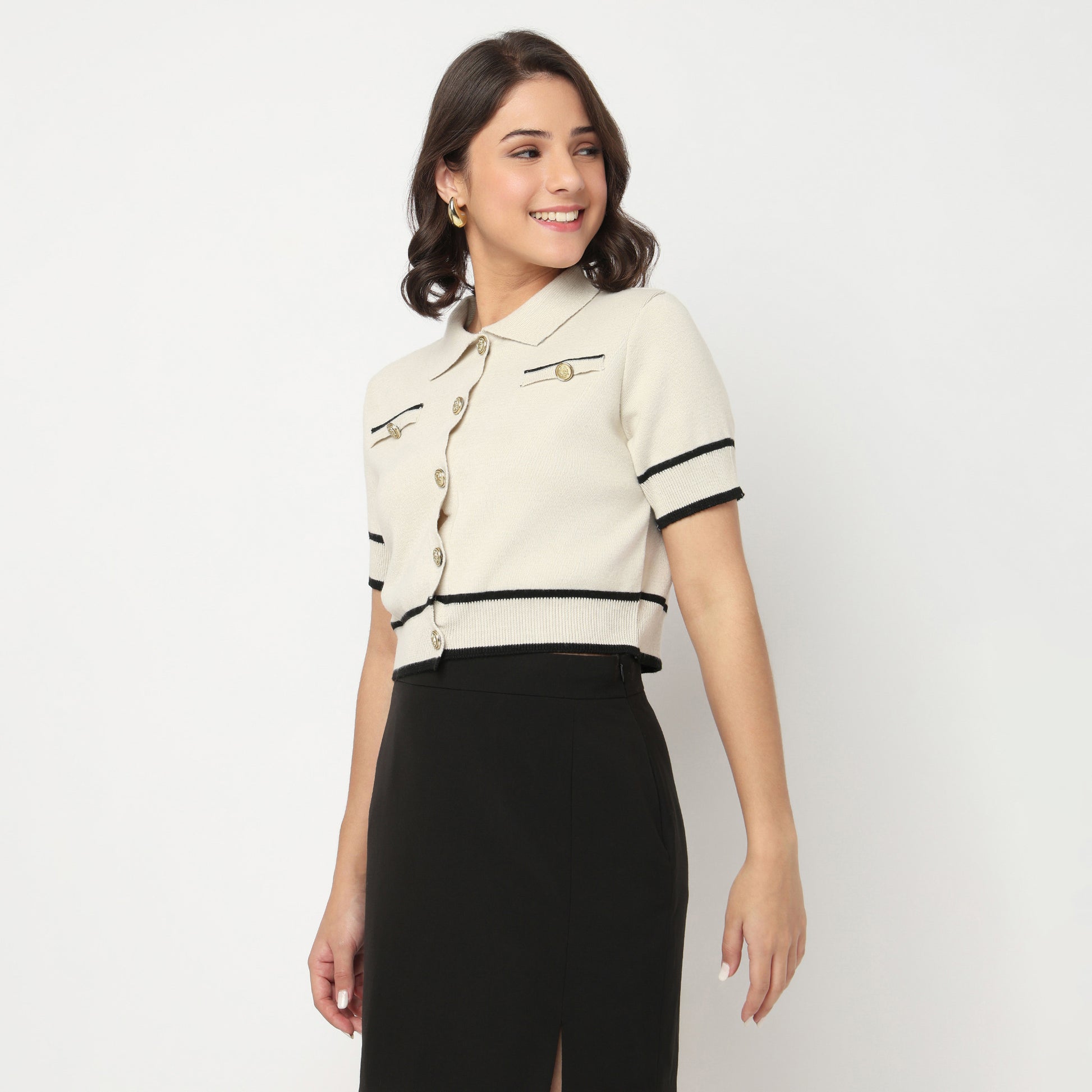 Structured Polo Flat Knit Crop T-Shirt