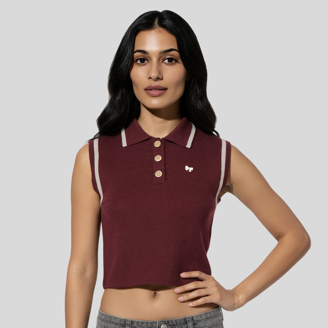 Polo Neck Sleeveless Flat Knit Sweater
