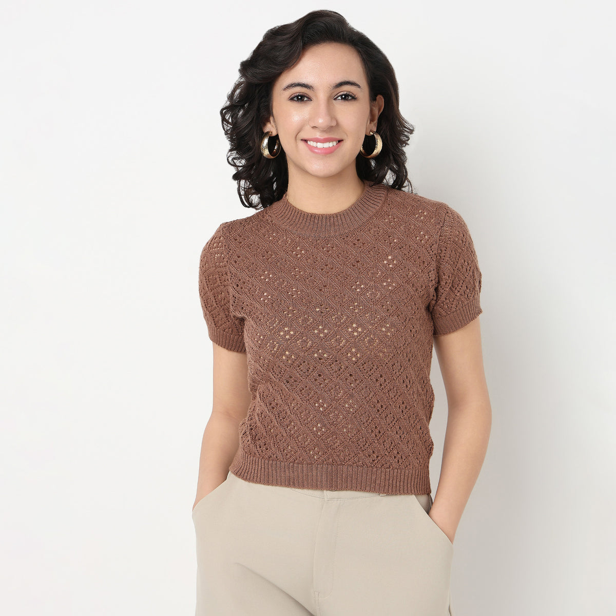 Order Now Women Textured Round Neck Slim Fit Casual Wear Flat Knits by Style Union