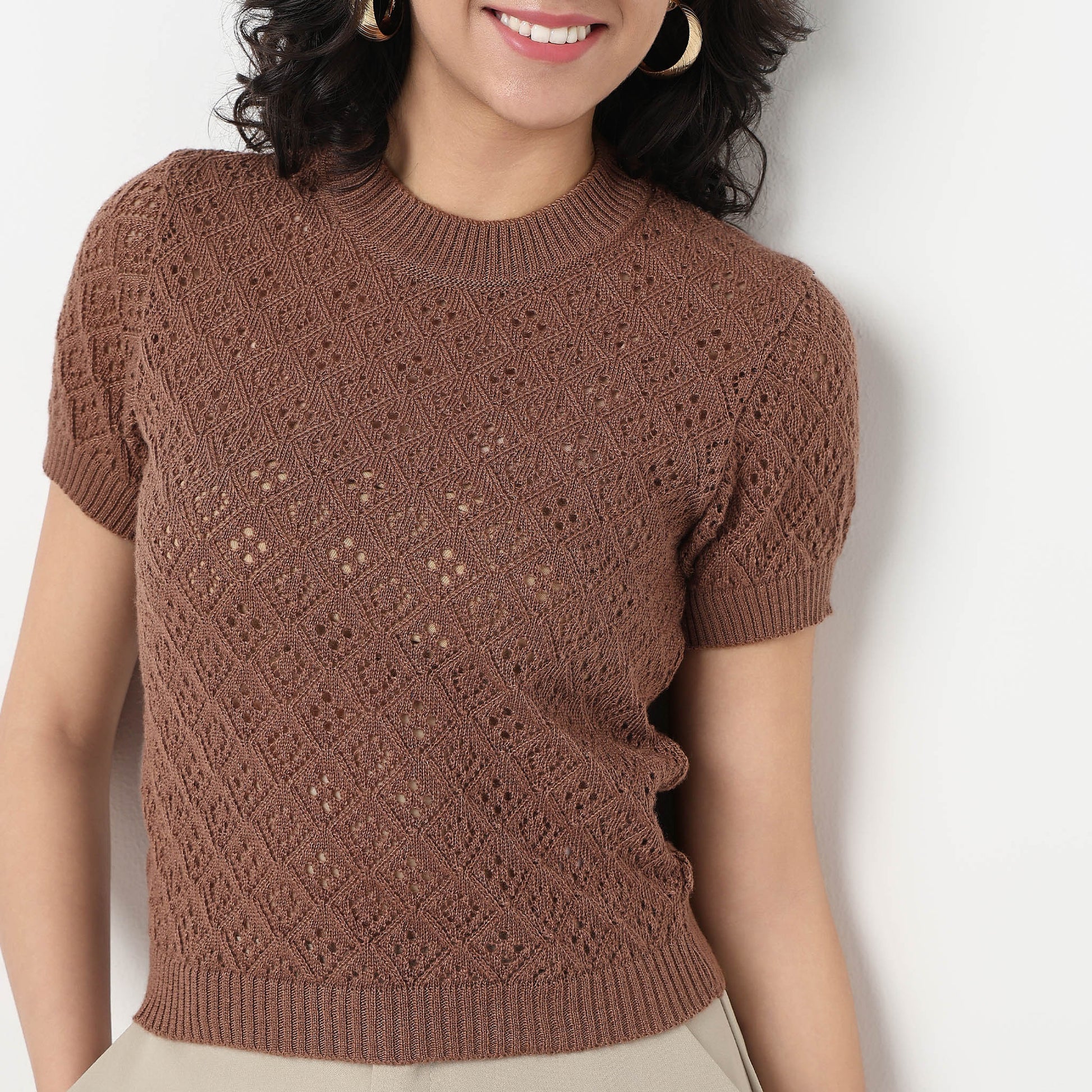 Order Now Women Textured Round Neck Slim Fit Casual Wear Flat Knits by Style Union