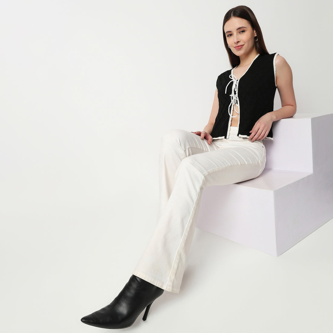 V-Neck Flat Knit Top With Front Tie-Up Detail