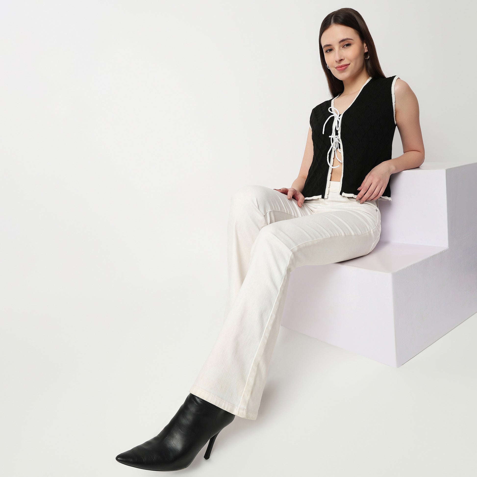 V-Neck Flat Knit Top With Front Tie-Up Detail