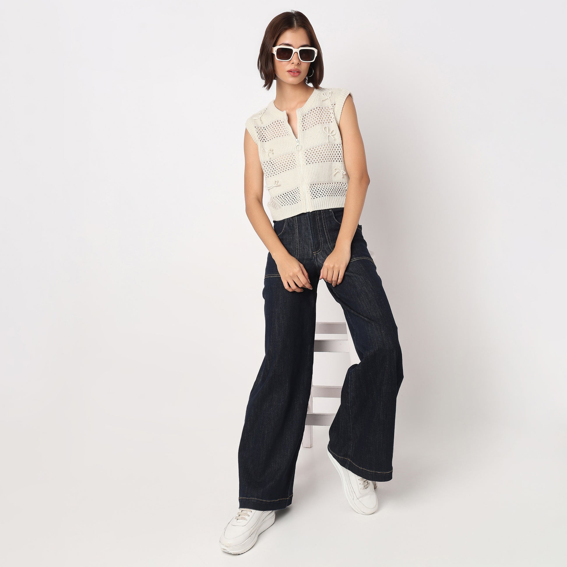 Flat Knit Top With Front Zipper and 3D Bows Details