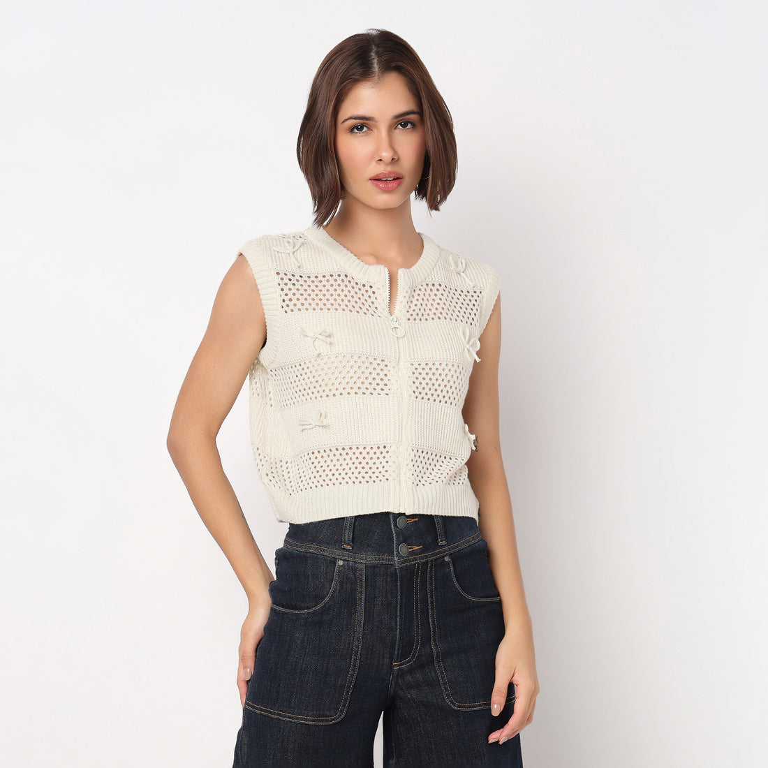 Flat Knit Top With Front Zipper and 3D Bows Details