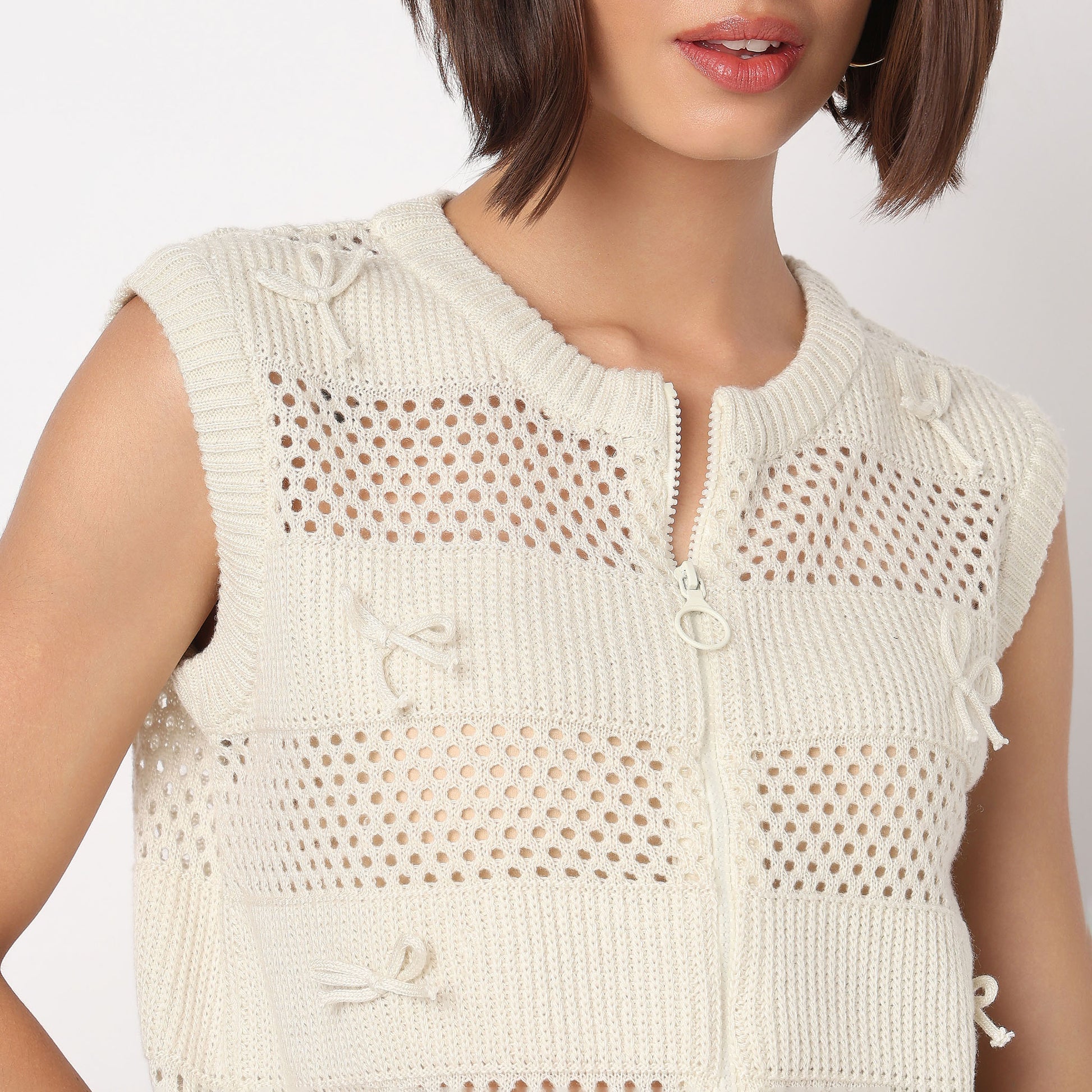 Flat Knit Top With Front Zipper and 3D Bows Details