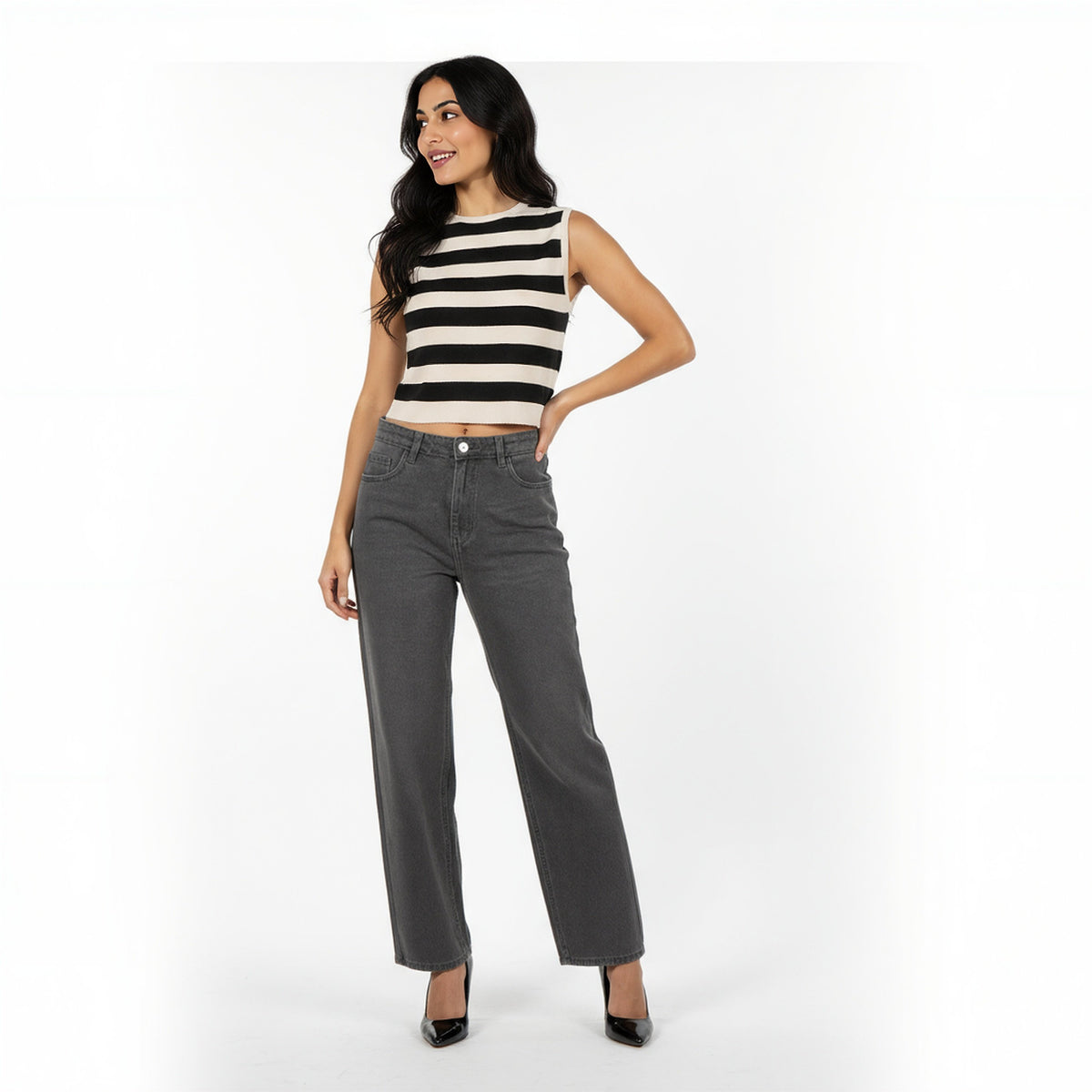 Sleeveless Striped Flat Knit Sweater
