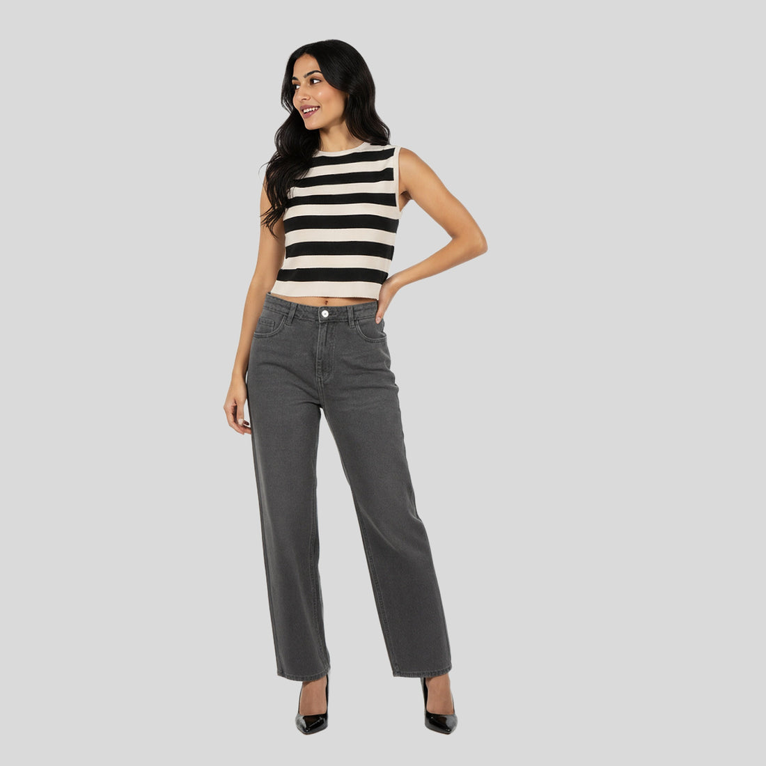 Sleeveless Striped Flat Knit Sweater