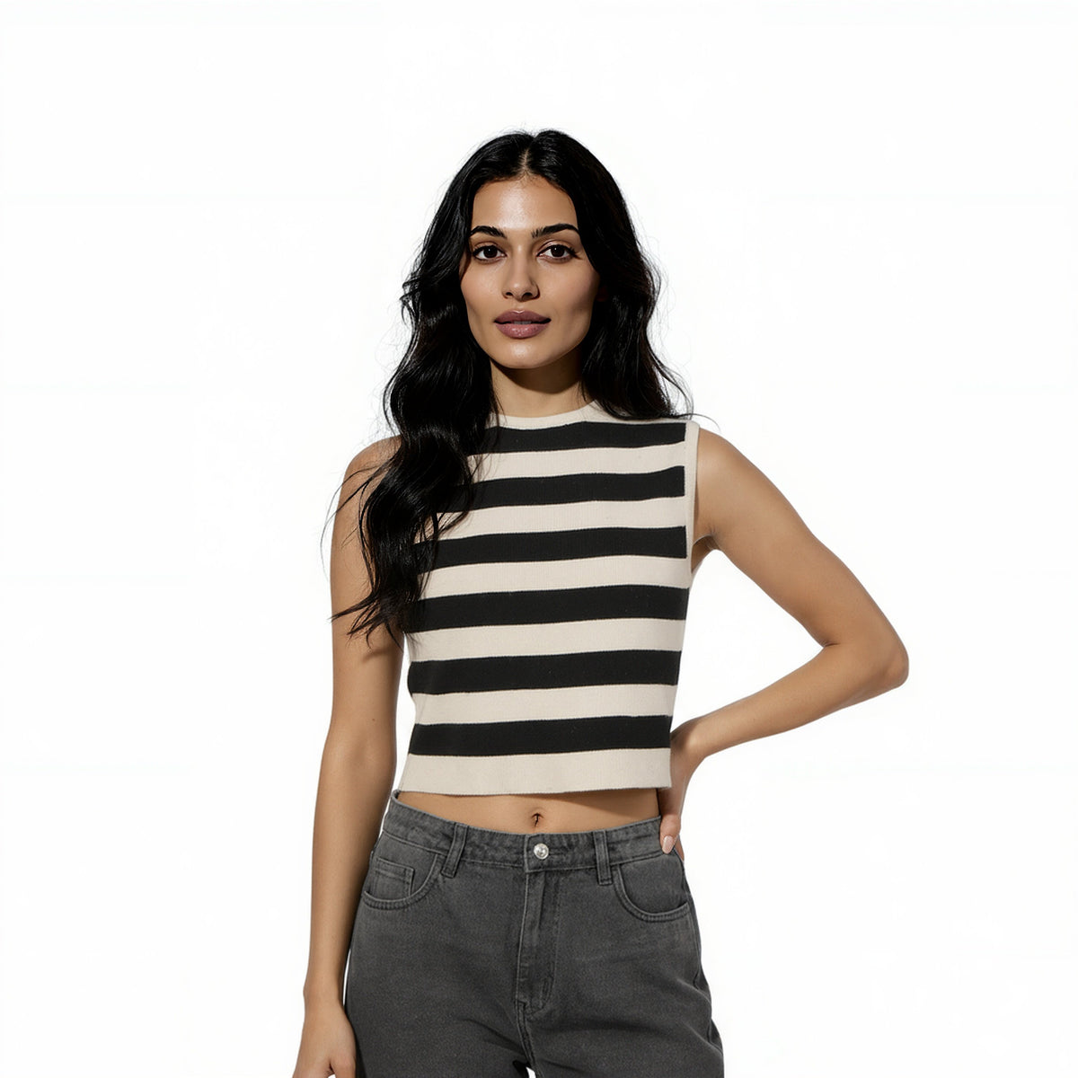 Sleeveless Striped Flat Knit Sweater