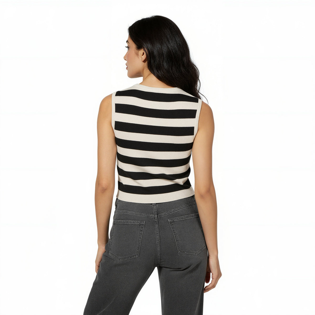 Sleeveless Striped Flat Knit Sweater