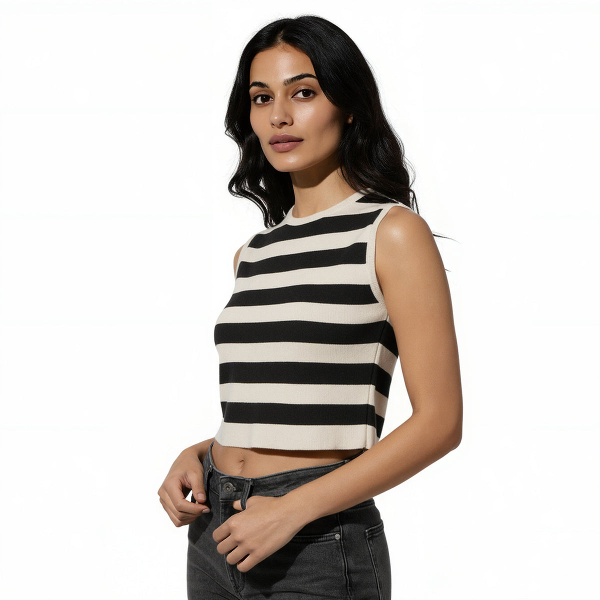Sleeveless Striped Flat Knit Sweater