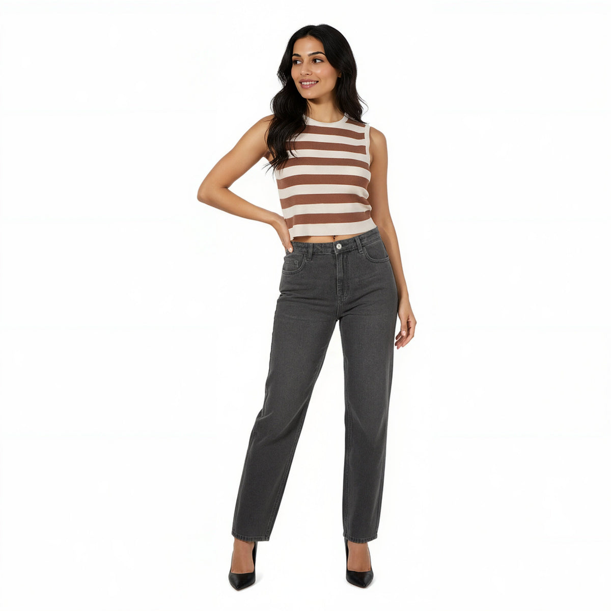 Sleeveless Striped Flat Knit Sweater