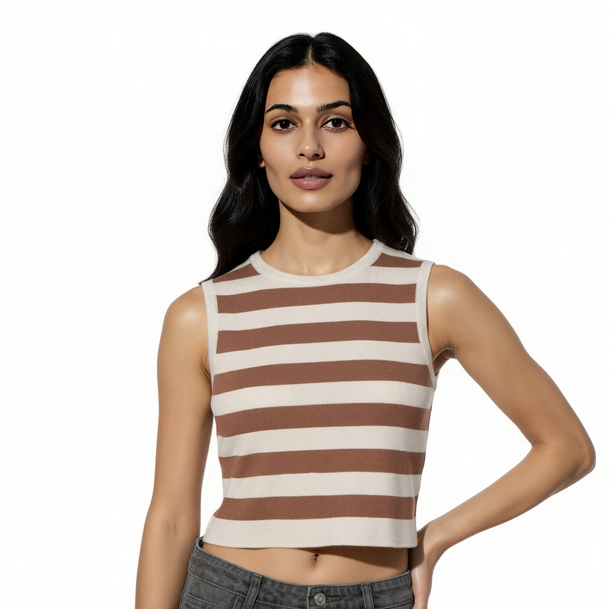 Sleeveless Striped Flat Knit Sweater