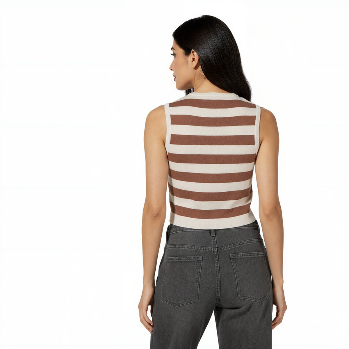 Sleeveless Striped Flat Knit Sweater