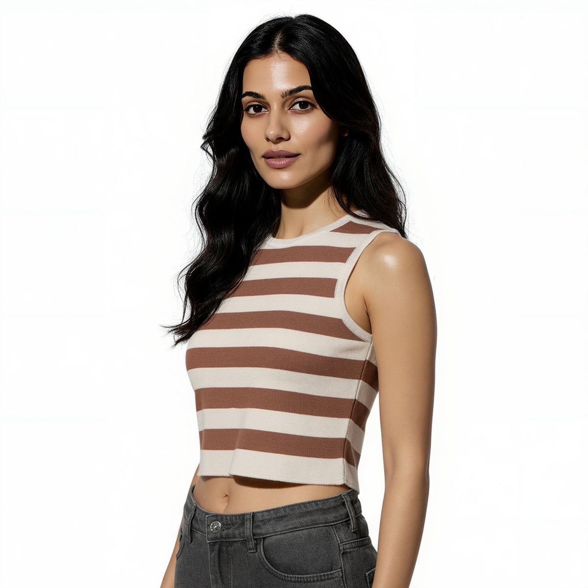 Sleeveless Striped Flat Knit Sweater