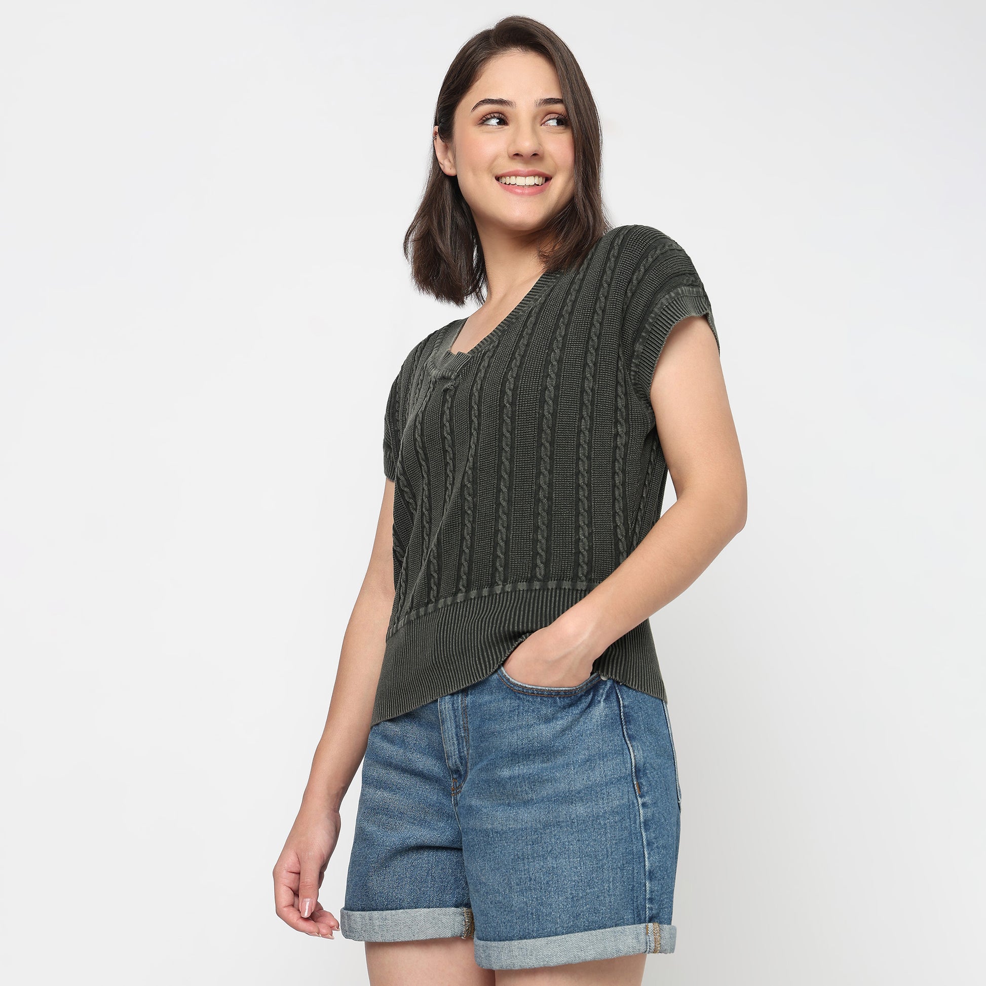 V-Neck Cotton Flatknit Top