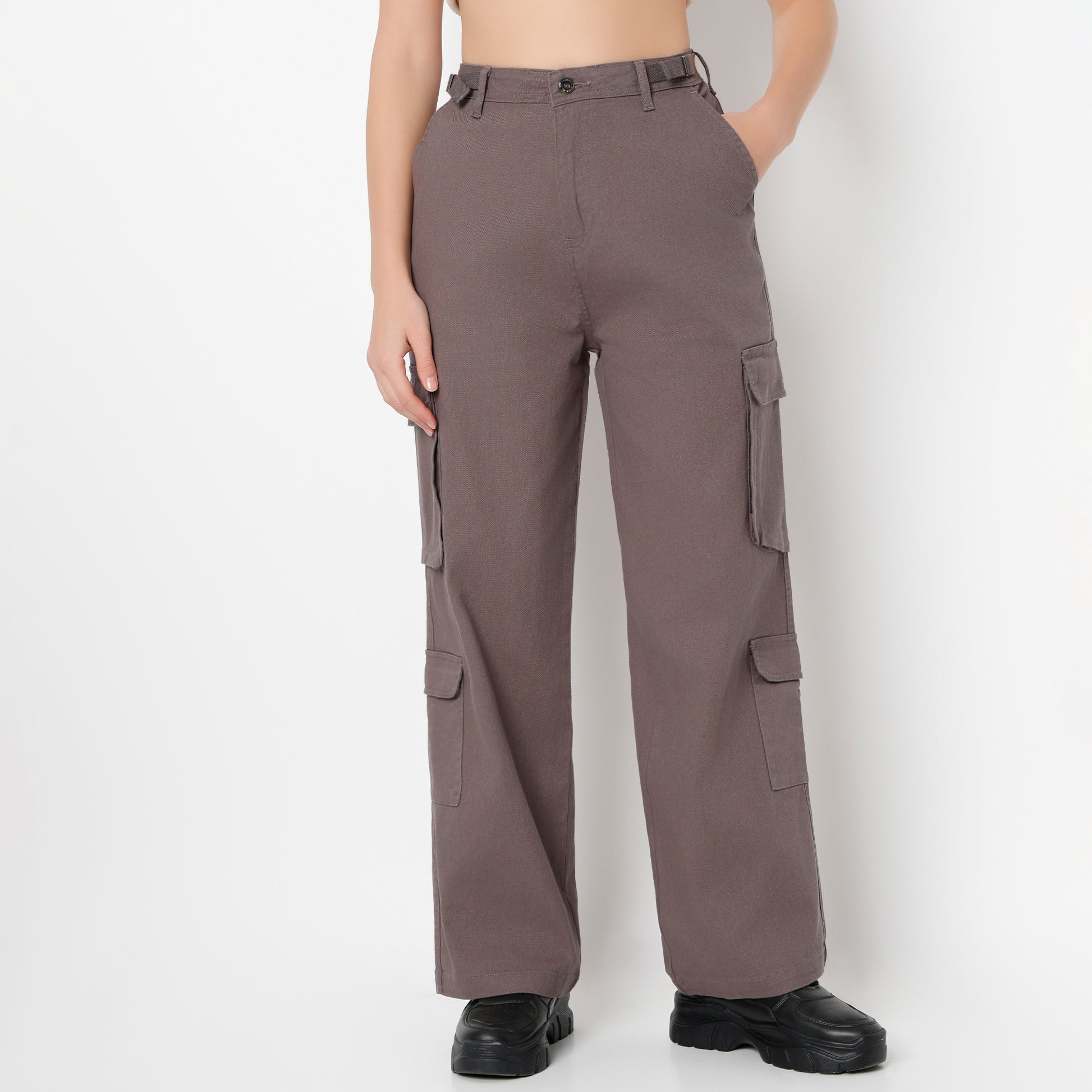 Regular Fit Solid High Rise Cargos